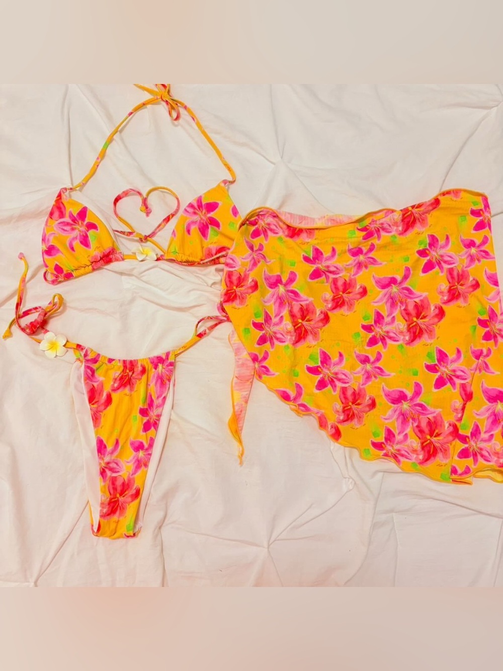 Small Floral Tie-Side Bikini Set in Bright Yellow and Pink